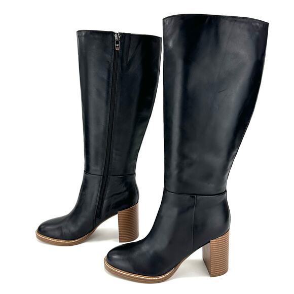 Marc Fisher Gabey Black Knee High Tall Boot Sz 7M-WC Leather Block High Heel New - Picture 1 of 16